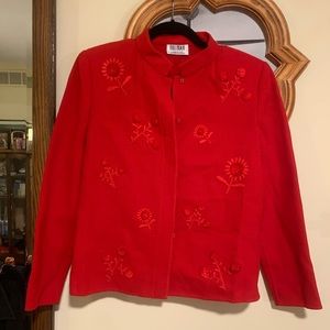1990s Bill Blass Vintage Red Jacket with Embroidered 3D flowers
